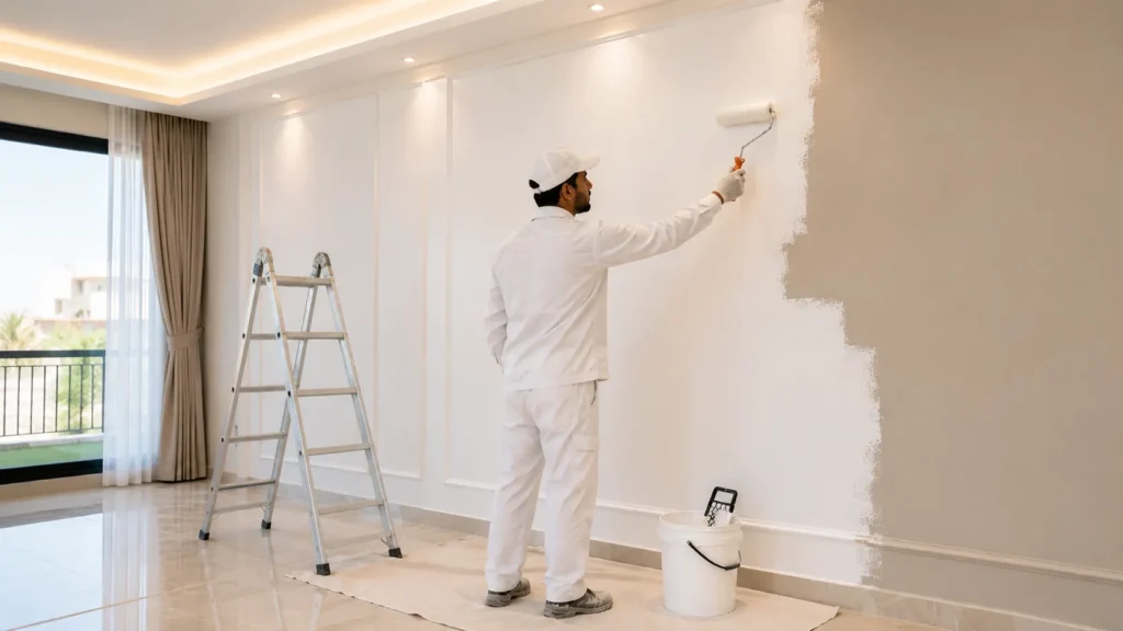 صباغ الكويت أثناء تنفيذ أعمال الدهان الداخلي داخل فيلا حديثة باستخدام رول دهان وتشطيبات احترافية.
