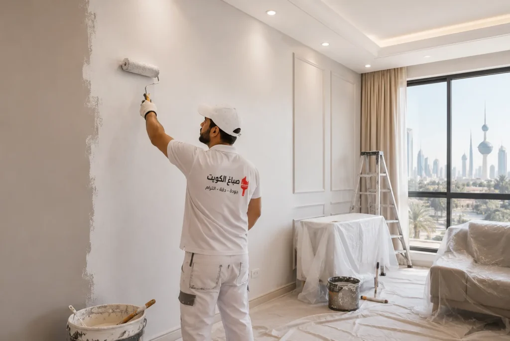 صباغ محترف في الكويت أثناء تنفيذ أعمال الدهان الداخلي داخل فيلا حديثة باستخدام أدوات احترافية وتشطيبات عالية الجودة
